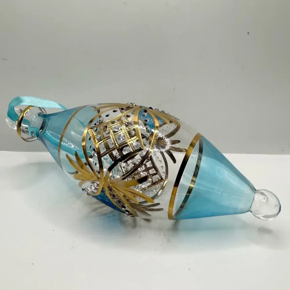 Egyptian Hand Blown Fancy Blue 24K Gold Etched Glass Christmas Ornament EUC